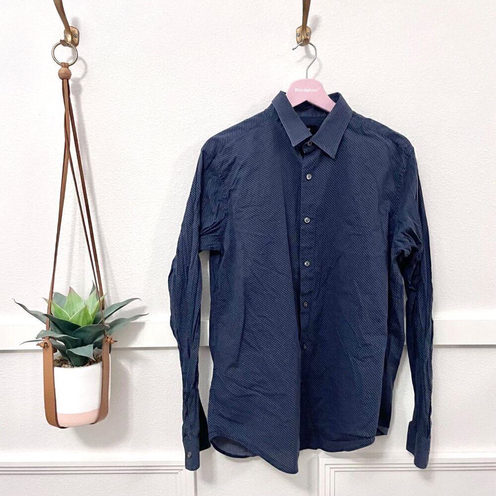 Theory Blue Long Sleeve Sylvain Button Front Shirt Diagonal Dot Size L